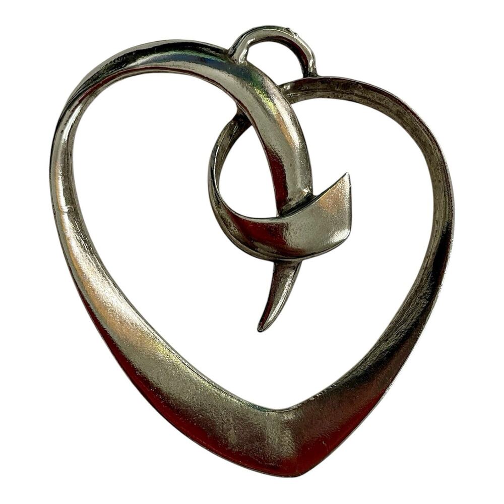 Vintage Silver Tone Open Heart Pendant 2.5 Inch 1990s Love Boho Preppy